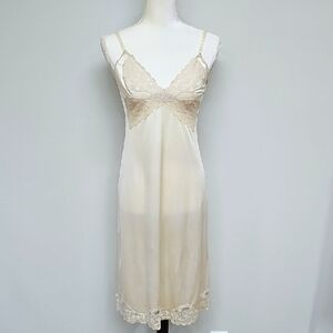 Elegant Cream Lace Full Slip Dress With Lace Detail, Size Small, V Neck